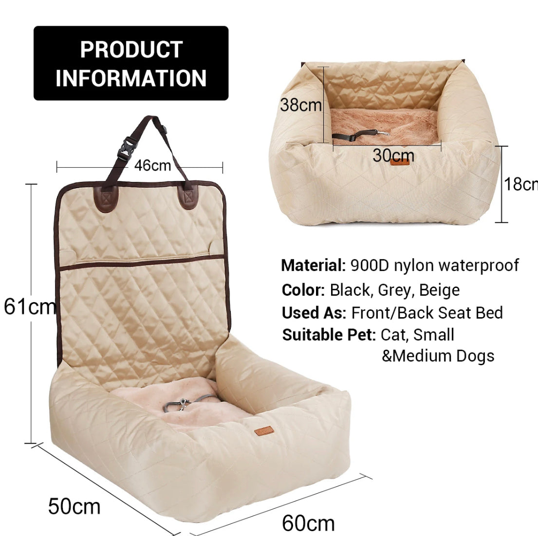 Quilted Dog Car Seat Booster - Beige