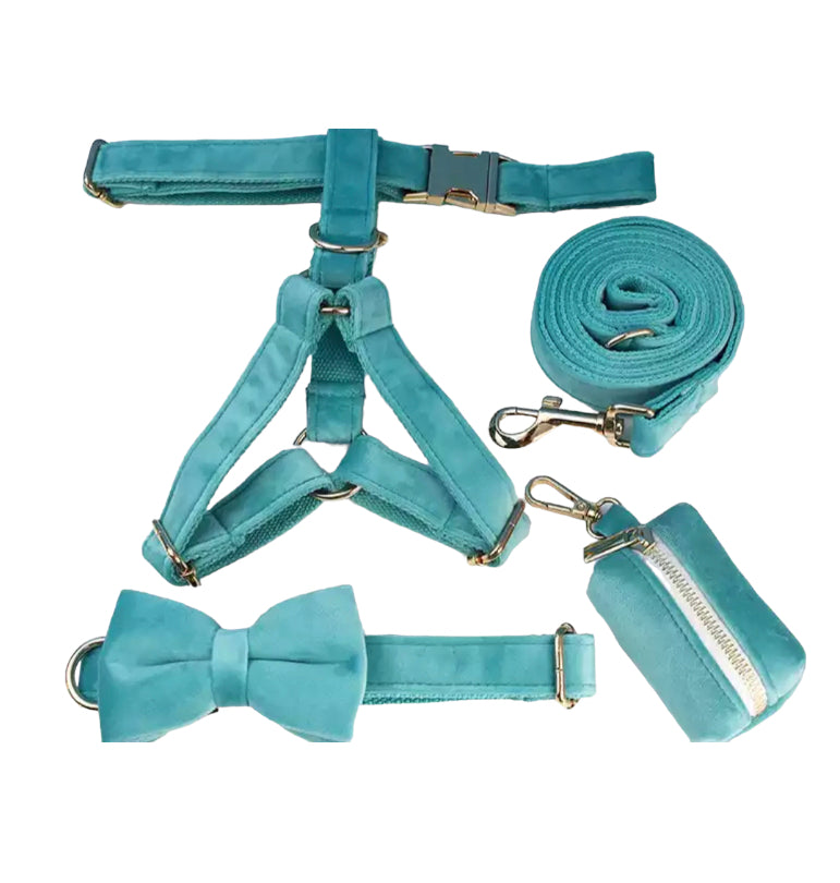 Faux Velvet Harness and Lead Set - Turquoise